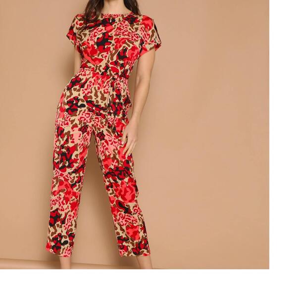 

Rolled Tab Sleeve Knot Front Leopard Jumpsuit, Multicolor