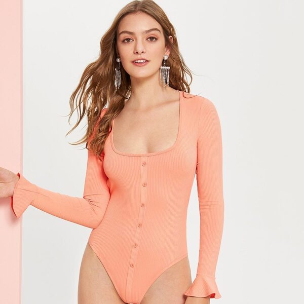 

Button Front Bell Cuff Open Back Ribbed Bodysuit