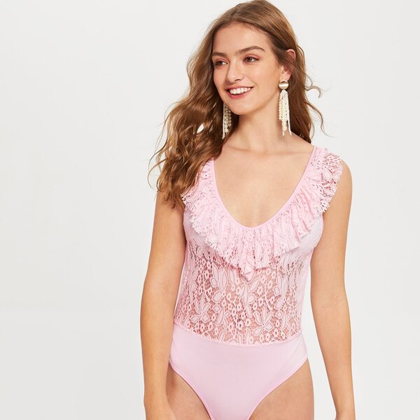 

Criss Cross Back Lace Ruffle Sheer Bodysuit