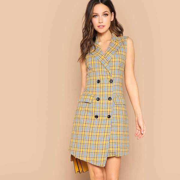 

Double Breasted Asymmetry Hem Plaid Blazer Dress