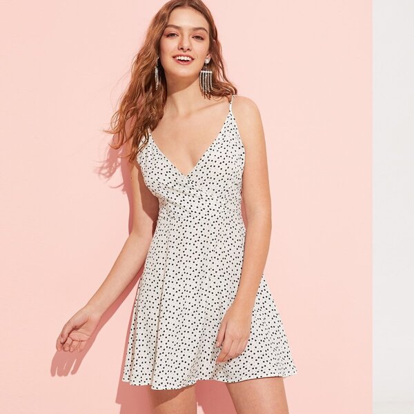 

Surplice Front Double V-neck Polka Dot Dress
