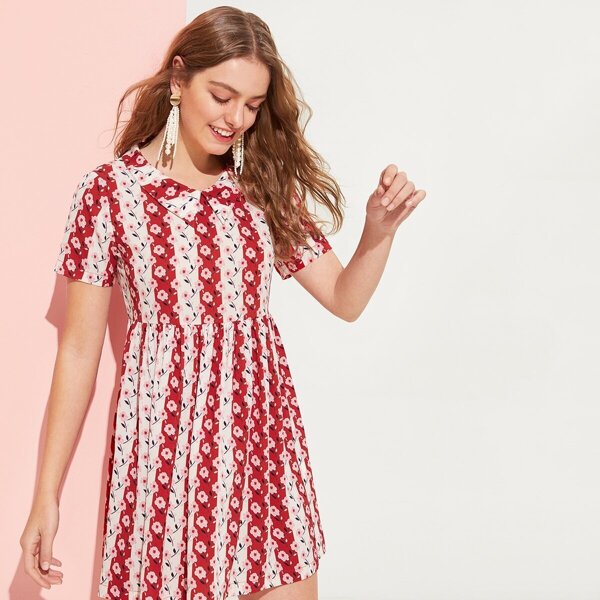 

Allover Floral Print Collared Dress