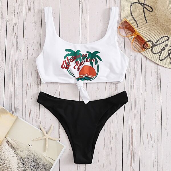 

Tropical & Letter Print Mix and Match Bikini, Multicolor