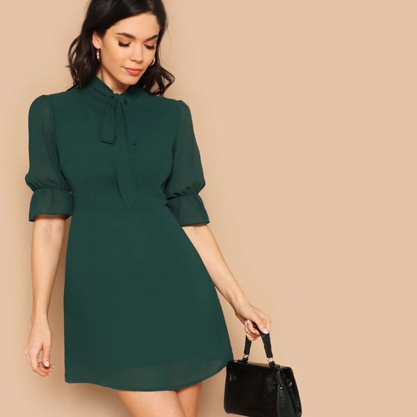 

Tie Neck Flounce Sleeve Dress, Dark green