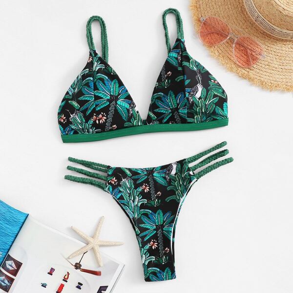 

Random Tropical Braided Seam Top With Tanga Bikini