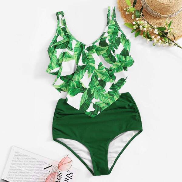 

Random Tropical Floaty Top With Ruched Bikini, Green