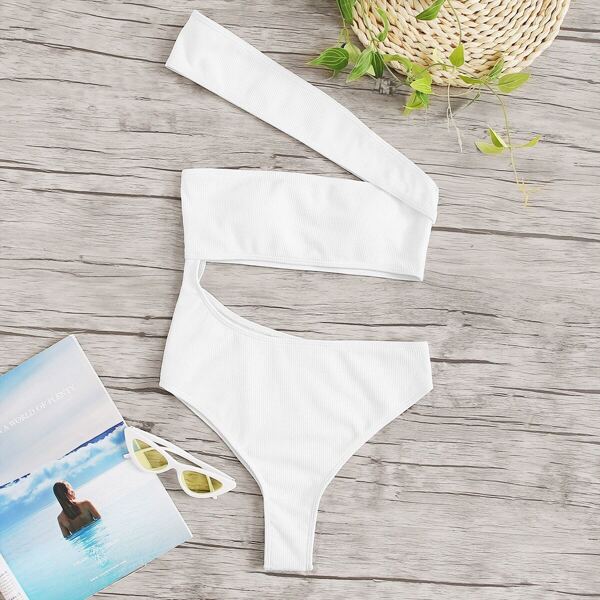 

Ribbed Cut-out Side One Shoulder Swimsuit