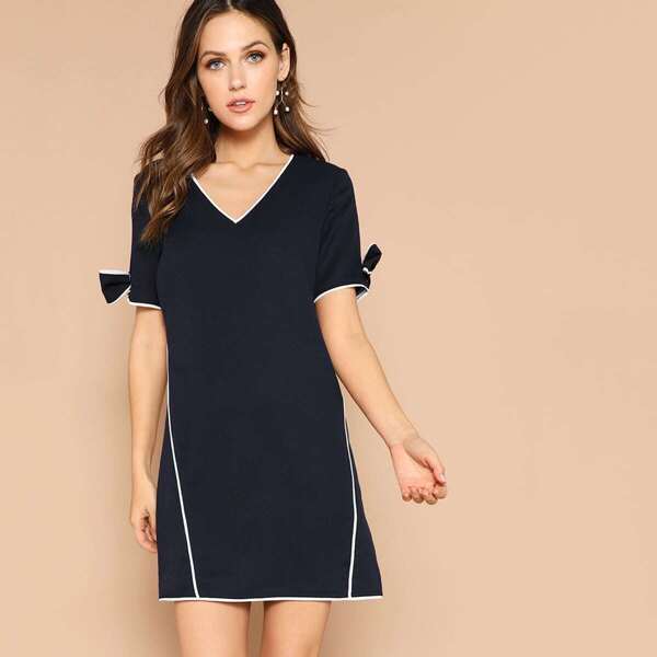 

Contrast Binding Bow Detail Cuff Dress, Navy