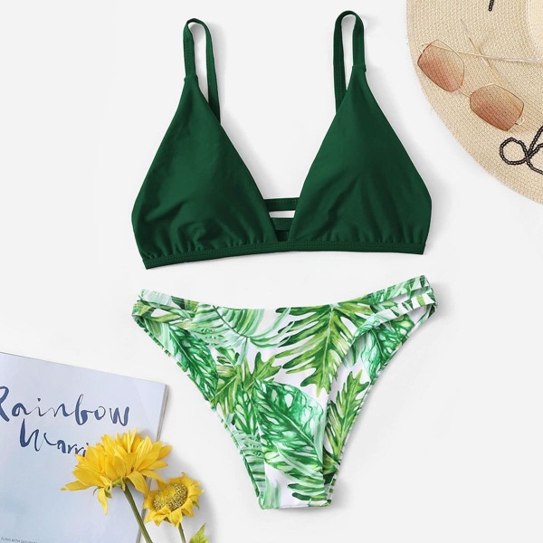 

Ruched Cut-out Top With Random Palm Print Bikini