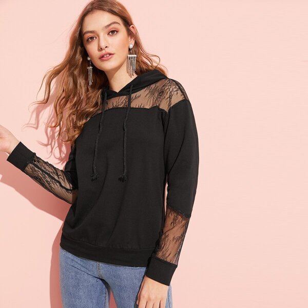 

Lace Insert Drawstring Hoodie