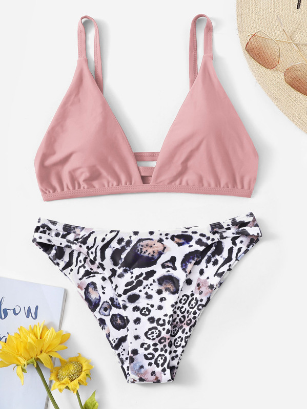 

Ruched Cut-out Back Top With Leopard Bikini, Multicolor