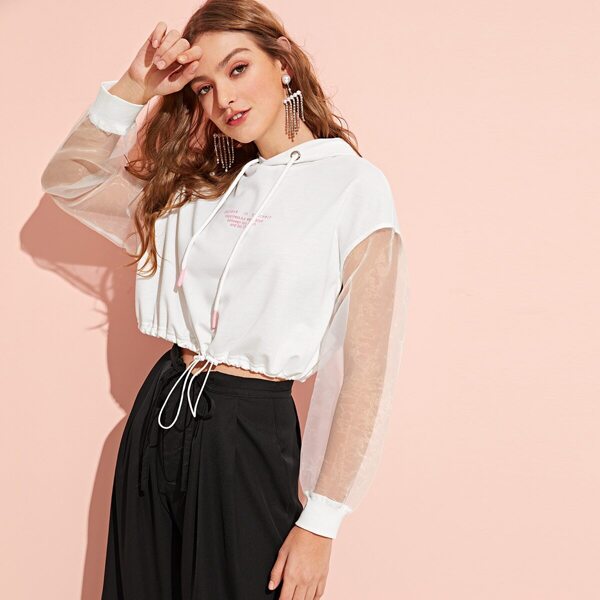

Mesh Sleeve Letter Print Drawstring Hoodie, White