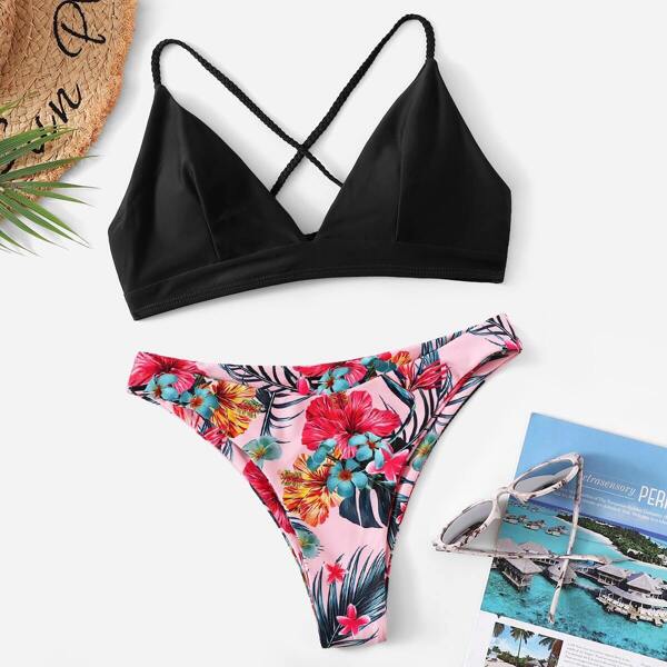 

Cross Back Seam Top With Random Tropical Bikini