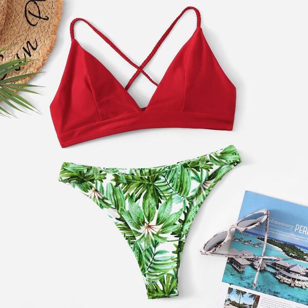 

Cross Back Top With Random Palm Print Bikini