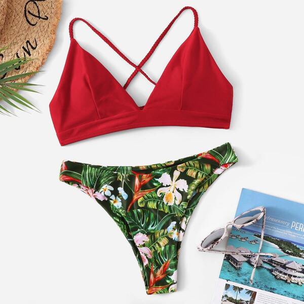 

Cross Back Seam Top With Random Tropical Bikini