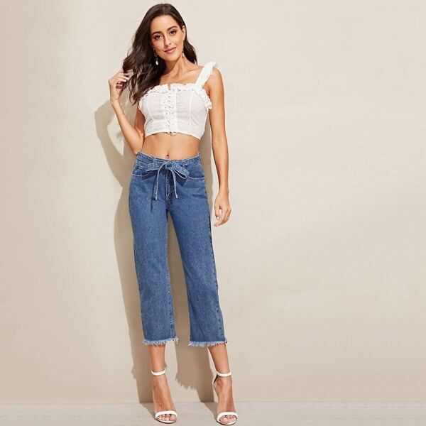 

Raw Hem 5-Pocket Belted Crop Jeans