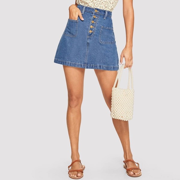 

High Waist Pocket Patched Button Up Skirt