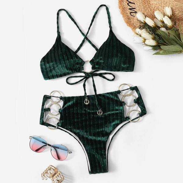 

Ribbed Ring Linked Criss Cross Bikini Set