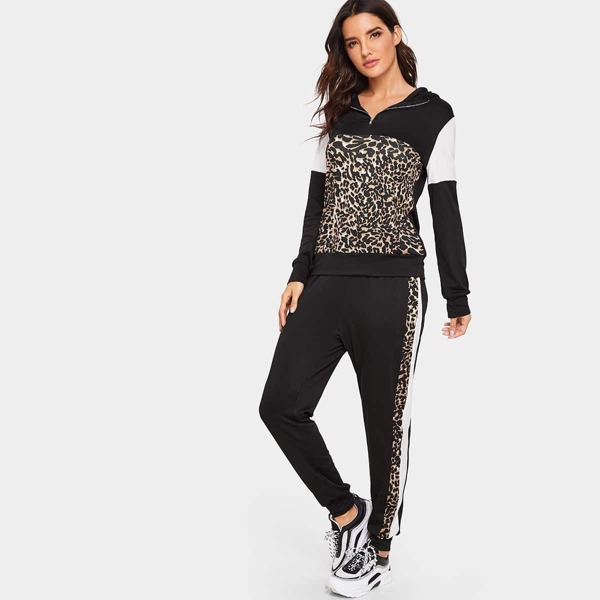 

Color-block Leopard Hoodie & Sweatpants Set