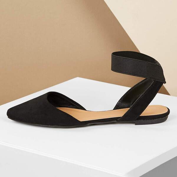 

Pointed Toe Elastic Ankle Strap Open Heel Flats, Black