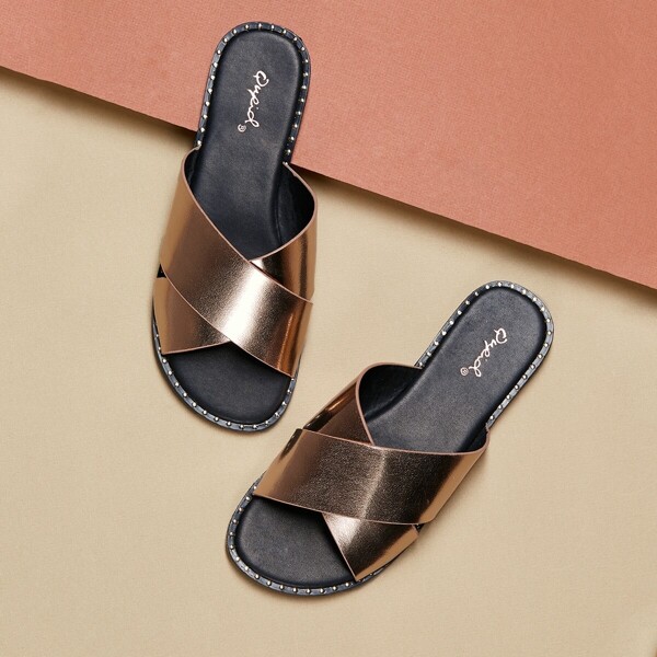 

Stud Trim Metallic Overlap Band Slip On Sandals, Gold