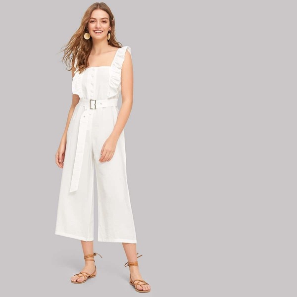 

Button Front Ruffle Trim Jumpsuit With Belt, Beige