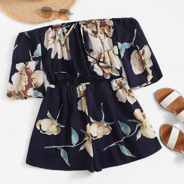 

Floral Print Tie Neck Off The Shoulder Romper, Multicolor