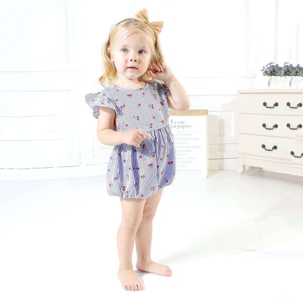 

Baby Allover Cherry Print Ruffle Sleeve Striped Jumpsuit, Blue