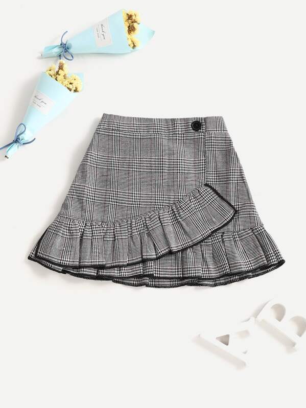 

Toddler Girls Ruffle Hem Houndstooth Skirt, Black and white
