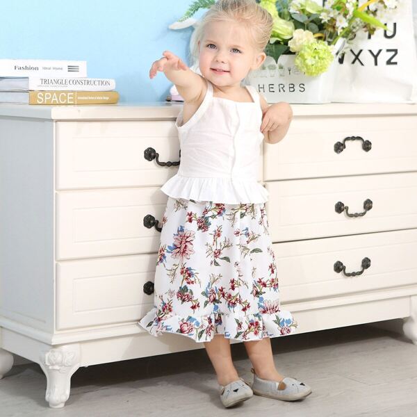 

Toddler Girls Ruffle Hem Top With Floral Print Skirt