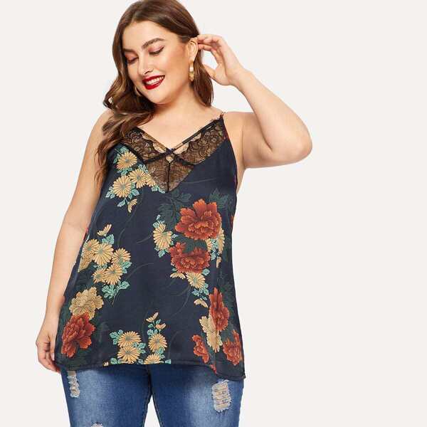 

Plus Contrast Lace Floral Print Cami Top