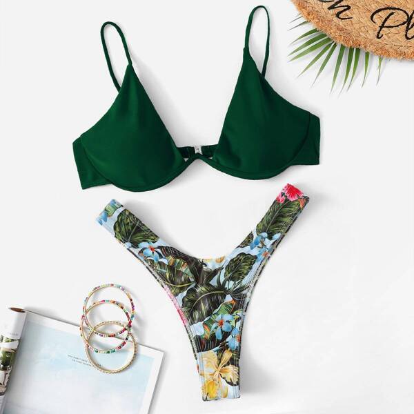 

Underwire Top With Random Tropical High Cut Bikini