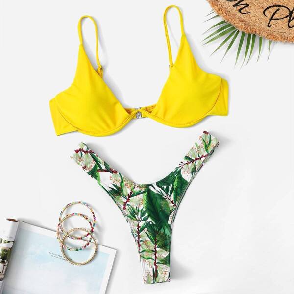 

Underwire Top With Random Leaf Print High Cut Bikini