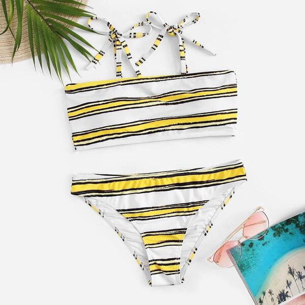 

Striped Tie Shoulder Top With Panty Bikini