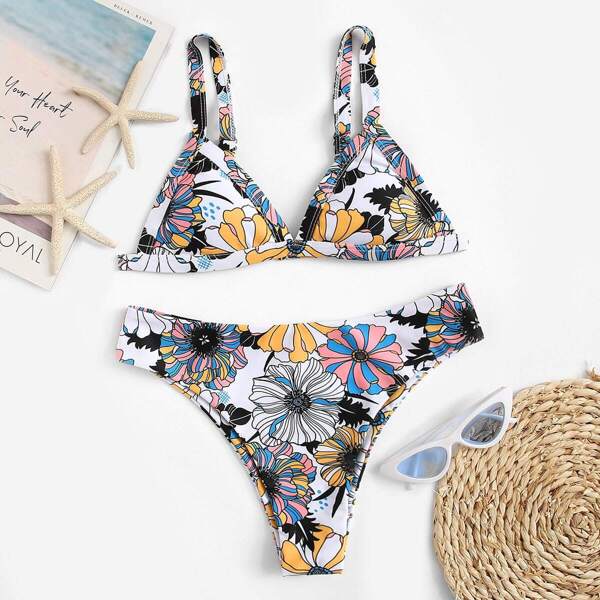 

Random Floral Triangle Top With Cheeky Bikini