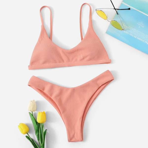 

Ribbed Spaghetti Strap Top With High Cut Bikini, Pink pastel