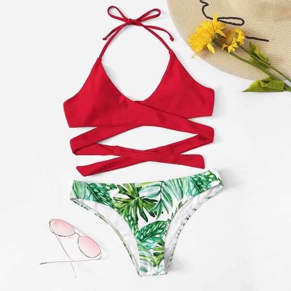 

Wrap Halter Top With Random Palm Print Bikini