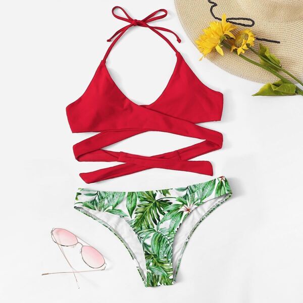 

Wrap Halter Top With Random Palm Print Bikini