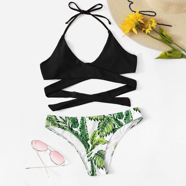 

Wrap Halter Top With Random Palm Print Bikini