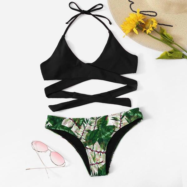 

Wrap Halter Top With Random Leaf Print Bikini