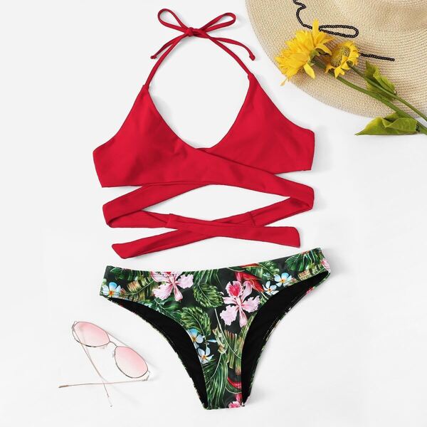 

Wrap Halter Top With Random Tropical Bikini