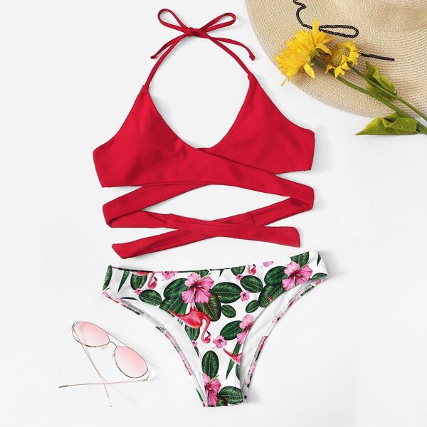 

Wrap Halter Top With Random Tropical Bikini