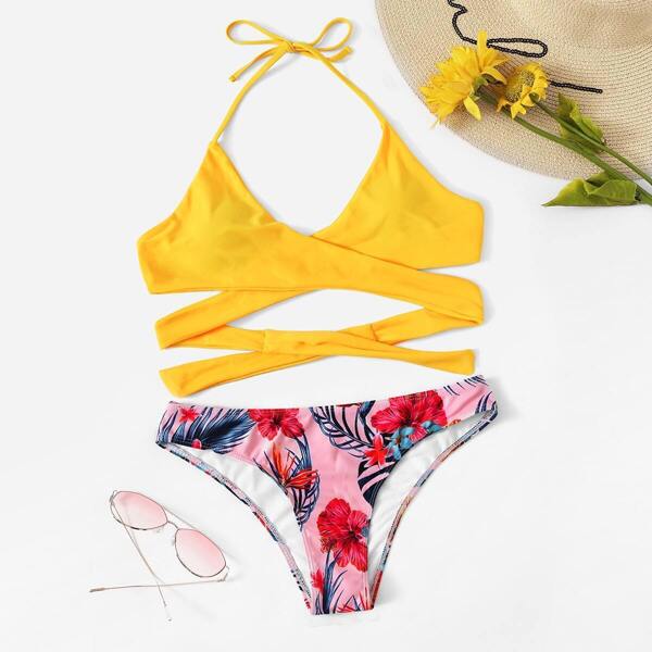 Wrap Halter Top With Random Tropical Bikini
