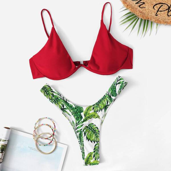 

Underwire Top With Random Palm Print High Cut Bikini