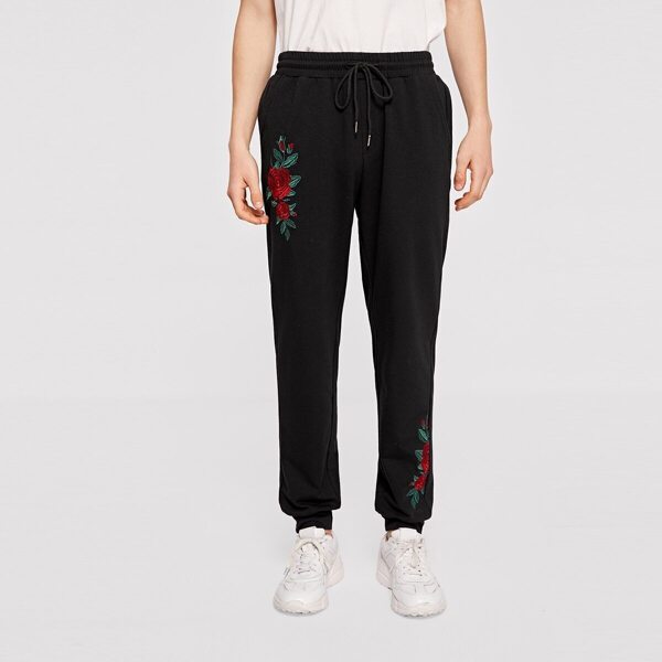 

Men Drawstring Waist Floral Embroidered Pants