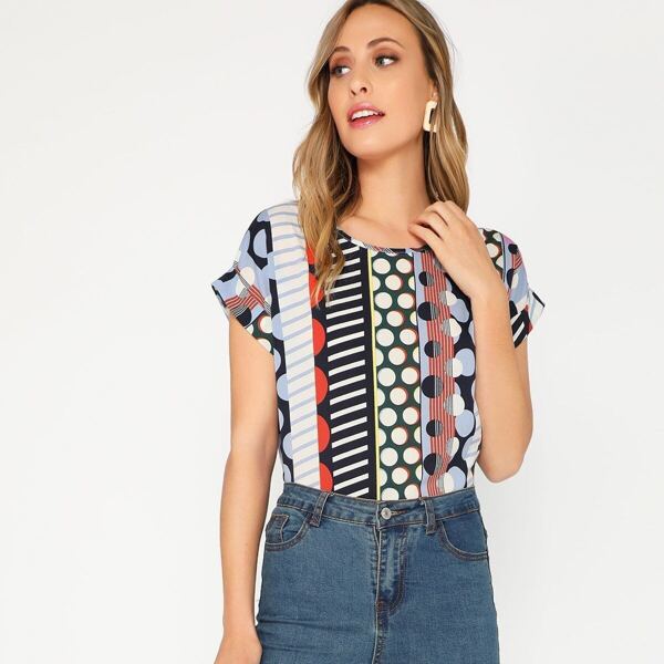 

Dot & Striped Rolled Up Sleeve Top