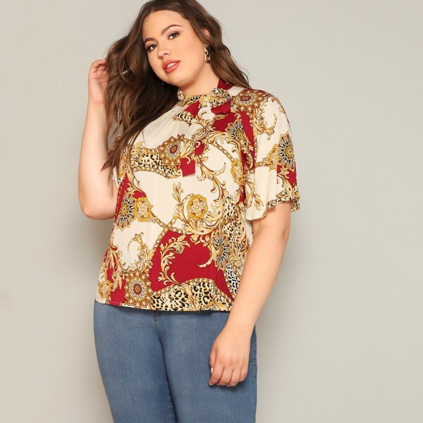 

Plus Tie Neck Scarf Print Top