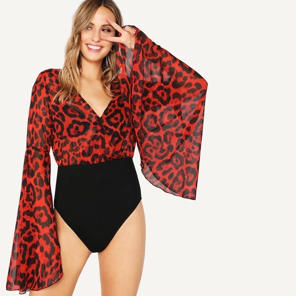 

Exaggerated Flounce Sleeve Leopard Bodysuit