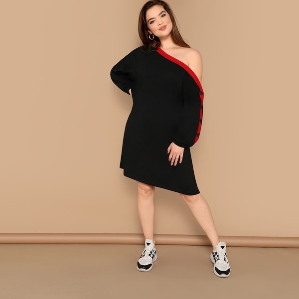 

Plus Drop Shoulder Buttoned Sleeve Tunic Dress