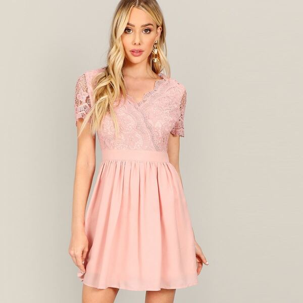 

Surplice Neck Guipure Lace Bodice Dress, Pink